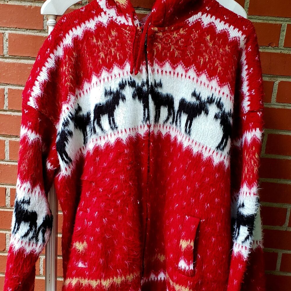 EUC TEJIDOS IMALAYA 100% wool moose bright red/white/black POCKETS (L-XL)